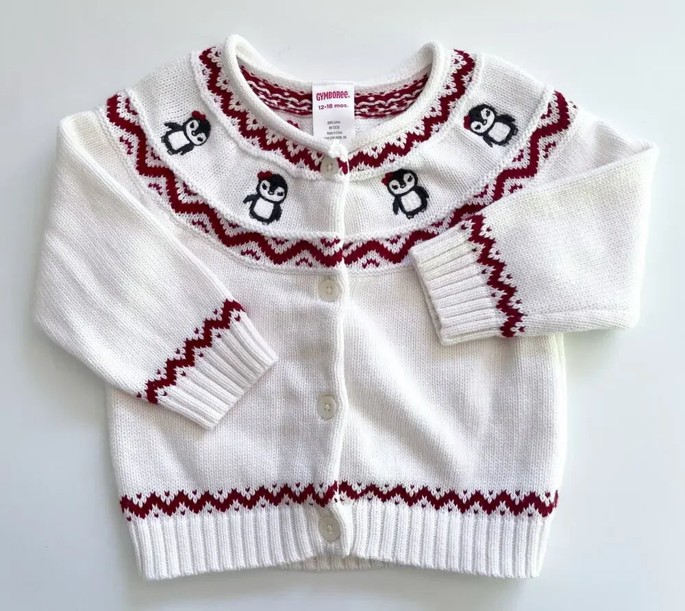 Gymboree Toddler Girl's White and Red Holiday Penguin Cardigan Size 12-18 Months